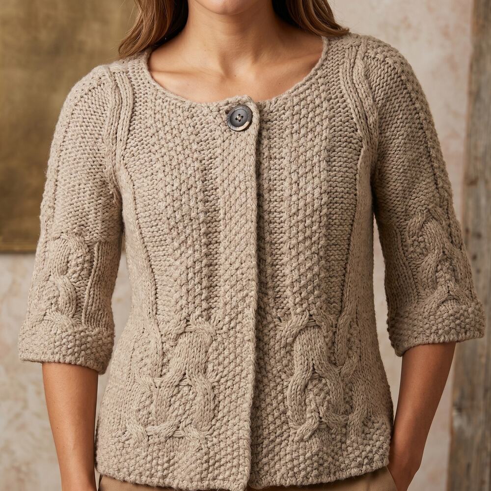Silvia Novelli Women’s Cardigan Sweater Italy Chunky Alpaca Wool Boho Beige M